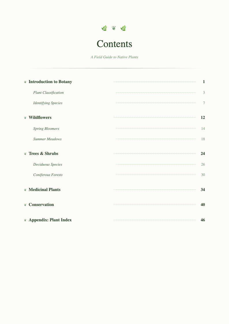 Botanical nature table of contents